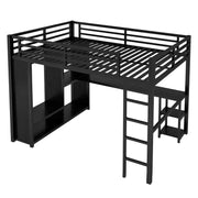 Estructura de cama alta tamaño queen con armario integrado, cama alta de metal con escritorio y estantes de almacenamiento, color negro