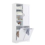 Gabinete de almacenamiento para baño con puertas y cajones, cesto para ropa abatible, espacio de almacenamiento múltiple, estilo independiente