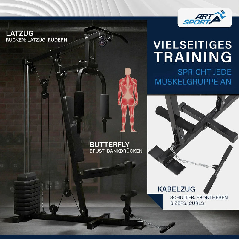Estación de entrenamiento ProfiGym 2000 modelo 24808 con pesas de 40 kg, polea al pecho, mariposa, polea de cable y extensión de piernas, negro