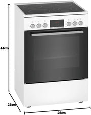Cocina eléctrica de libre instalación Bosch Serie 4 HKR39C250, 60 cm de ancho, asistente de limpieza EcoClean Direct, aire caliente 3D para hornear en 3 niveles, control por pantalla LED, zona de cocción ampliable para recipientes grandes