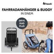 hauck Remolque de bicicleta y cochecito Dryk Duo Plus con suspensión, para 2 niños (6-48 meses), incluye barra de tiro, rueda de cochecito, bandera y luz LED, plegable, altura ajustable, maletero XL (verde oscuro)
