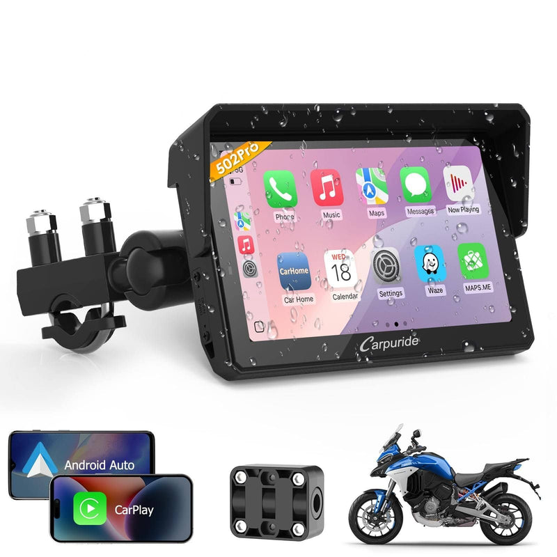 Carpuride W502PRO para Moto CarPlay & Android Auto & Bluetooth Dual - Navegación GPS impermeable de 5 pulgadas para moto, uso compartido de música, intercomunicador, ecualizador