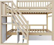Litera 90x200 para 2 niños, cama alta infantil con escalera, armario de almacenamiento y cajón, cama funcional, litera, cama alta juvenil con 2 somieres, madera maciza, sin colchón, color madera