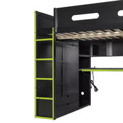 Cama alta matrimonial Merax con escritorio, armario, luces LED RGB y puerto de carga USB, elegante estructura negra con espacio de almacenamiento múltiple para amantes de los videojuegos