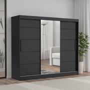 Brent - Armario con espejo y cajones de 235 cm de ancho Chelsea Tomy, armario de puertas correderas con espejo, armario de dormitorio, armario ropero negro/gris
