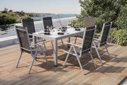 Conjunto de comedor de jardín Villana, plata/negro, aluminio/textil, mesa 160/220 cm, 6 sillas plegables