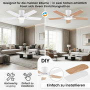 Ventilador de techo con iluminación, 122 cm, con mando a distancia, motor de CC silencioso y reversible, 3 temperaturas de color con memoria, regulable, 6 velocidades, temporizador, para dormitorio, blanco