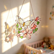 Atrapasueños de mariposa de vidrieras, colgante de ventana de flores rosas, decoración de dormitorio, adornos de mariposa