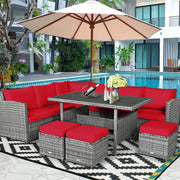 Conjunto de muebles de comedor para patio de 7 piezas de ratán con sofá seccional, mesa de comedor, otomanas y cojines