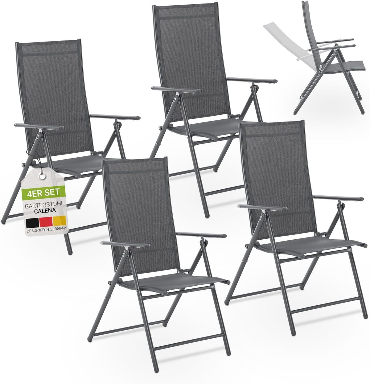 Set de 4 sillas de jardín Juskys Calena antracita - Ajustables en 7 posiciones y plegables - Acero con recubrimiento en polvo, transpirable