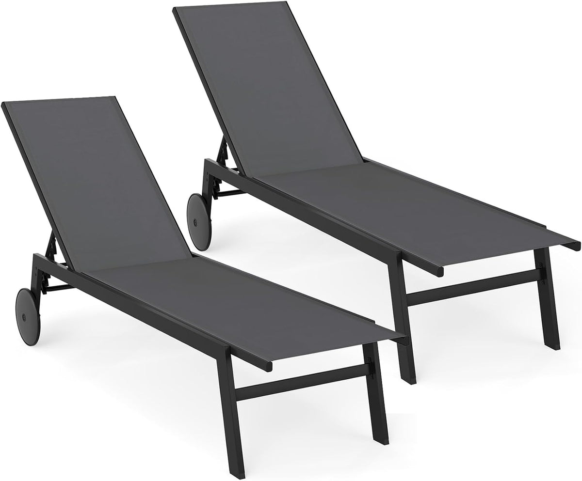 COSTWAY Juego de 2 tumbonas con ruedas, silla de jardín con respaldo ajustable y tela de secado rápido, tumbona con ruedas con capacidad de carga de hasta 150 kg, silla para jardín, balcón, terraza (gris)