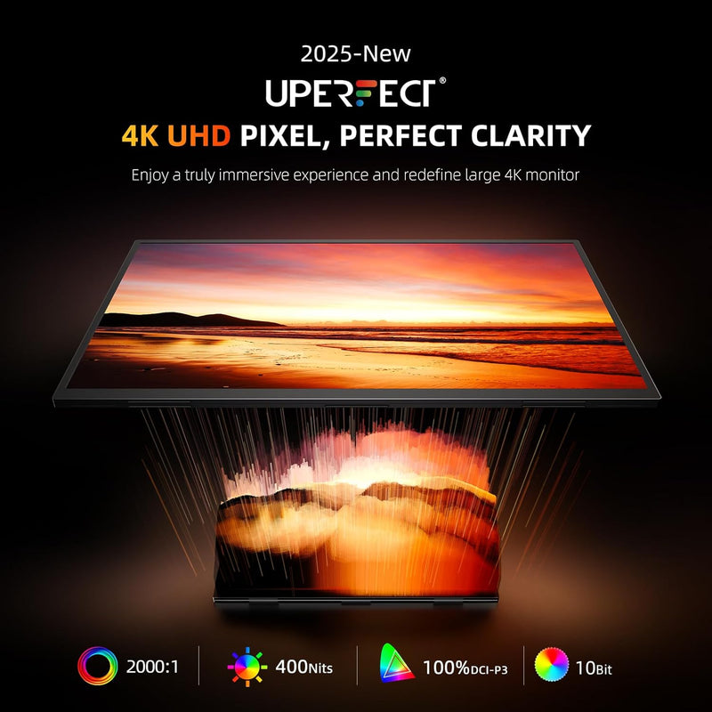 UPERFECT Monitor Portátil 4K 23,8" QLED | 400 Nits 24" Monitor Grande | 3840 * 2160 UHD 100% DCI-P3 | 1MS FreeSync | USB-C y HDMI | VESA y Soporte | Segunda Pantalla para Portátil, PC, Consolas de Juegos