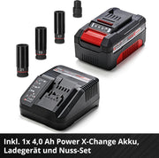 Atornillador de impacto inalámbrico profesional Einhell IMPAXXO 18/450 (1x4,0Ah) Power X-Change (18 V, 450 Nm, sin escobillas, inserción de cuadradillo exterior, incl. batería de 4 Ah, cargador, juego de vasos)