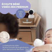 Béaba, Vigilabebés, Monitor de bebé con vídeo 2 en 1, Pantalla/Aplicación móvil dedicada, Cámara HD, Rotación de 360°, Visión nocturna, Walkie-talkie, Canciones de cuna, Control de temperatura y humedad, Zen Premium Blanco