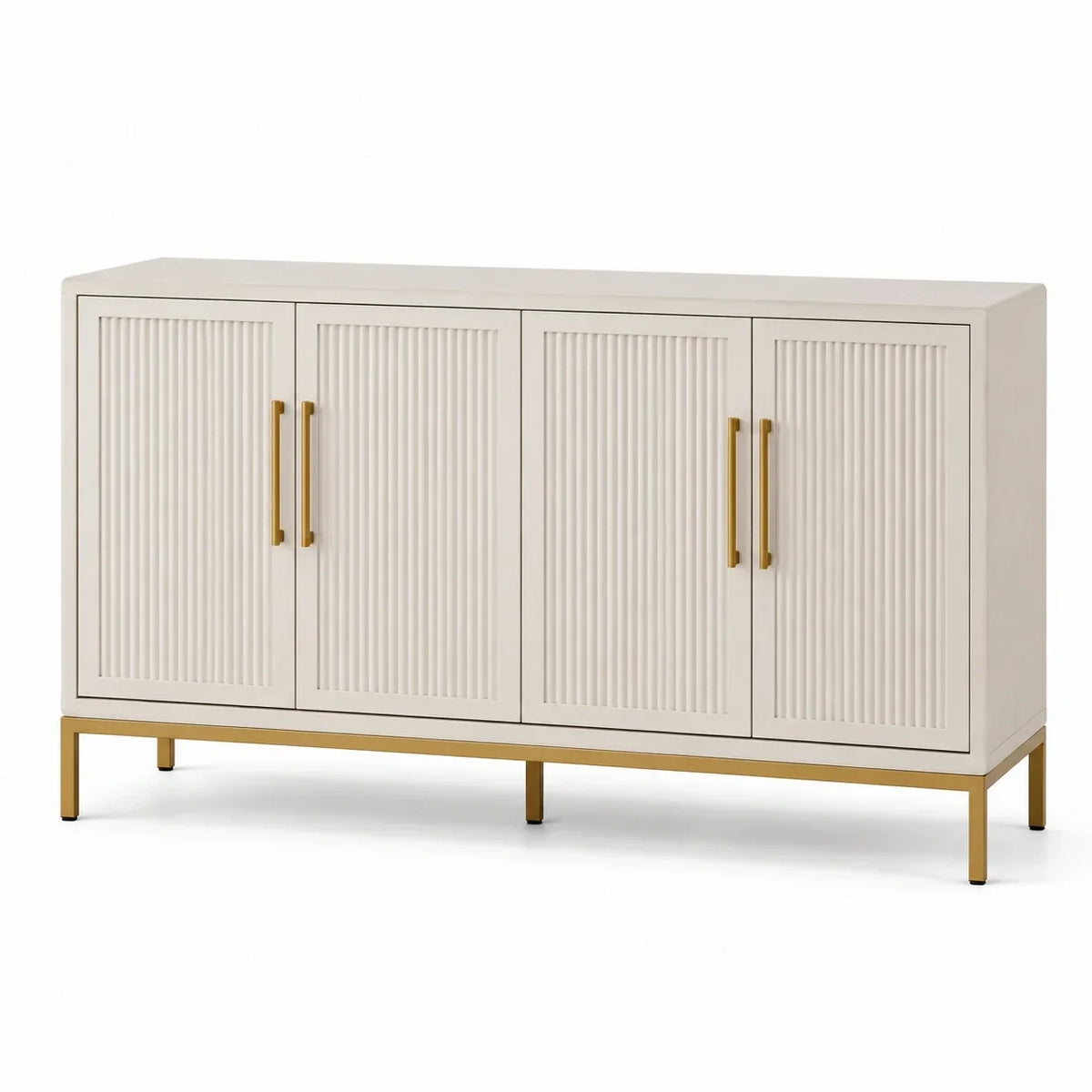 Aparador con 4 puertas estriadas, marfil y dorado, 160 × 40 × 85 cm