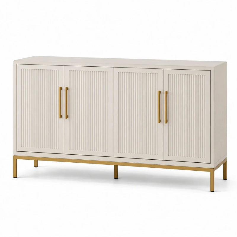 Aparador con 4 puertas estriadas, marfil y dorado, 160 × 40 × 85 cm