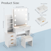 Tocador con espejo e iluminación, mesa de maquillaje, con 4 cajones, 4 estantes abiertos para dormitorio, conjunto de tocador con luces y taburete, 3 estantes ocultos