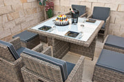 Ragnarök PolyRattán - Marca ALEMANA - Producción PROPIA - 8 años de garantía - Juego de comedor para jardín, mesa, 4 sillas, taburetes, 12 cojines, gris, aluminio inoxidable, natural, comedor, cubo, cristal