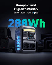 Anker SOLIX C300 Estación de energía, batería LiFePO4 de 288Wh, generador solar de 300W (pico de 600W) con funda protectora, carga rápida de 140W, estación de energía portátil para camping, viajes y emergencias (panel solar opcional)