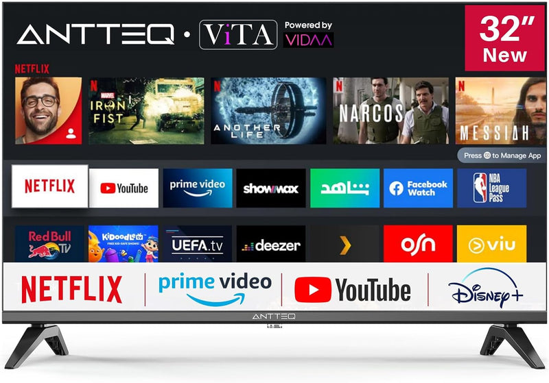 Antteq Vita Smart TV 32 pulgadas (80 cm), televisión con sistema operativo Vidaa, aplicación móvil, tienda de aplicaciones, compartir en TV, Netflix/DAZN/WiFi, HDMI, V32-AH3Q1L, 2025