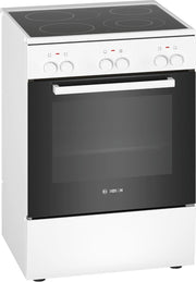 Cocina eléctrica de libre instalación Bosch Serie 4 HKR39C250, 60 cm de ancho, asistente de limpieza EcoClean Direct, aire caliente 3D para hornear en 3 niveles, control por pantalla LED, zona de cocción ampliable para recipientes grandes