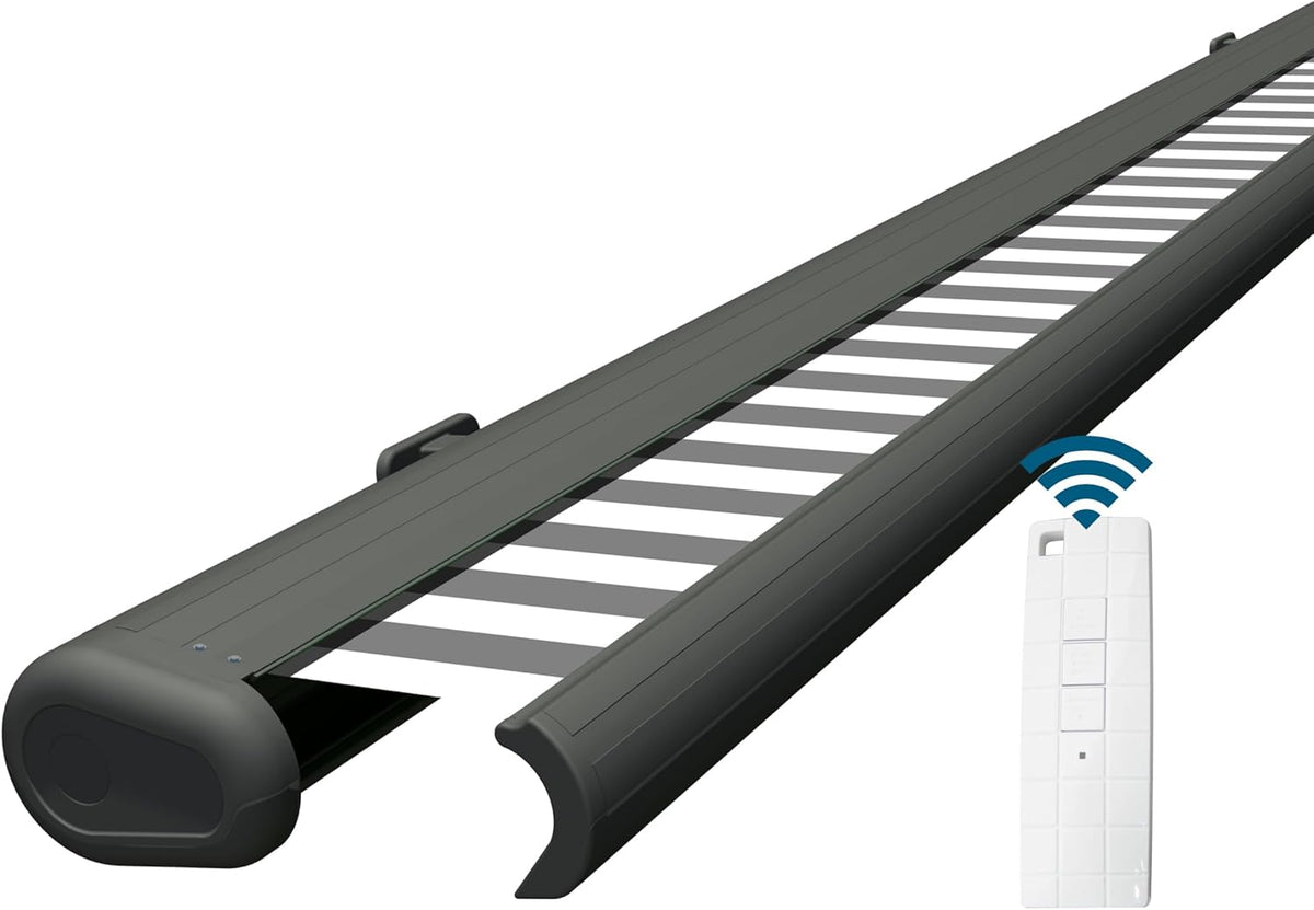 Toldo de cofre completo eléctrico Eclipse 5,6x3,5 m, estructura gris basalto, toldo para balcón, cubierta de terraza, brazos articulados, tejido de poliacrilo, protección UV 50+, motor Dooya compatible con hogar inteligente, tela del toldo: gris y blanco