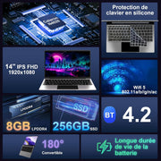 Ordenador portátil de 14 pulgadas 8+256GB Win11 Celeron N4020, compatible con expansión SSD de 1TB, WiFi 2.4G+5G, Bluetooth 4.2, USB, HDMI, FHD 1920 x 1080 con ratón inalámbrico y membrana de teclado AZERTY - Plata-1