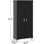 Gabinete de almacenamiento para garaje con ruedas y tablero perforado, armario de metal con cerradura de 72" de altura, 2 puertas y 4 estantes ajustables para taller de garaje