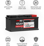 Batería de coche LANGZEIT 105Ah 12V AGM 980A/EN – Batería de automóvil VRLA de alto rendimiento para sistemas Start-Stop
