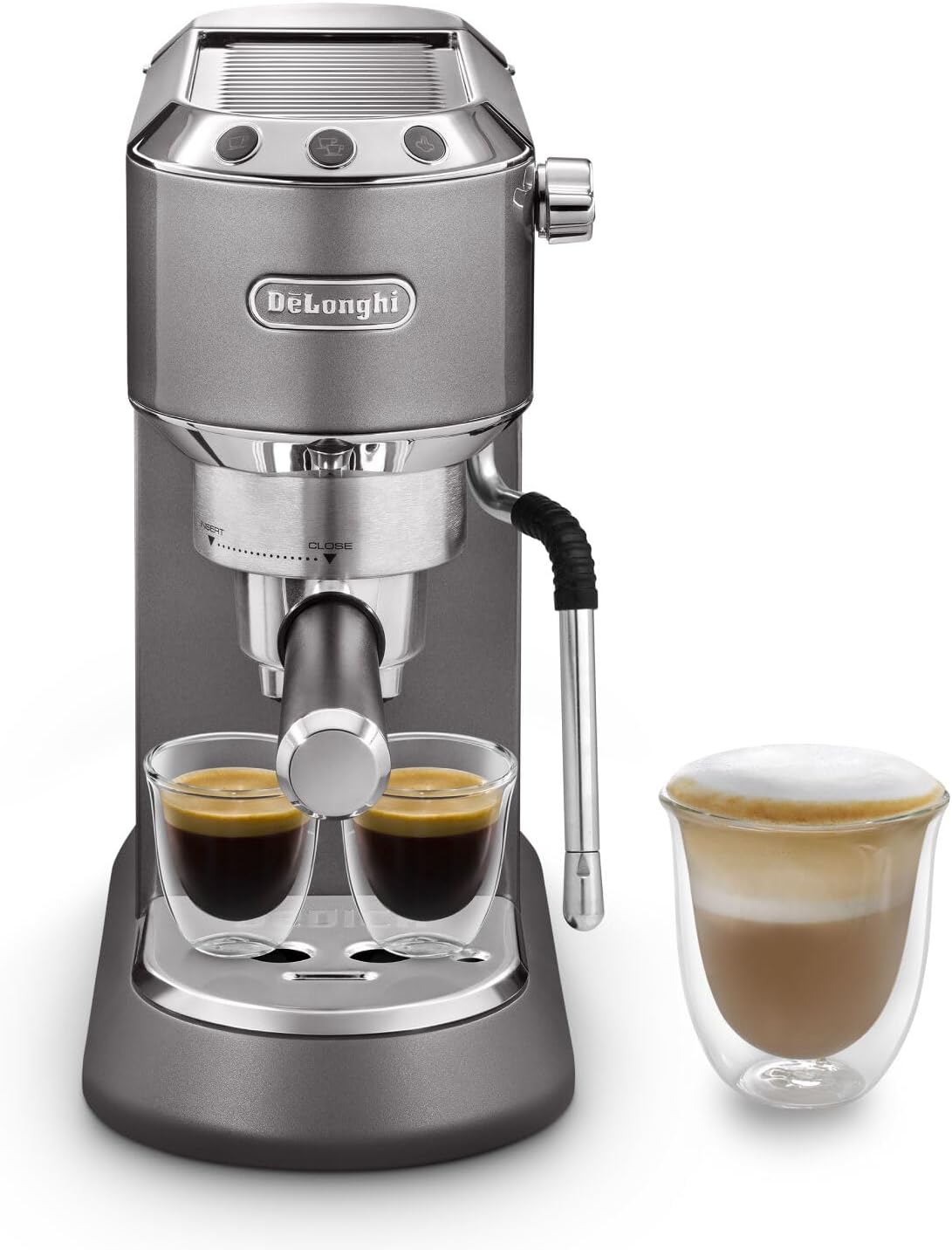 De'Longhi Dedica Style EC 685.M – Cafetera espresso de bomba tradicional, con espumador de leche profesional, solo 15 cm de ancho, para café molido o monodosis ESE, depósito de 1 l, plata