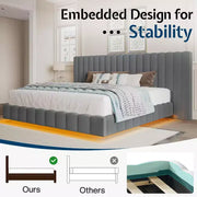 Cama de plataforma tapizada AMERLIFE con luces LED, diseño flotante, soporte de listones sólidos