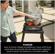 Ninja Woodfire Parrilla eléctrica, ahumador y freidora de aire, barbacoa para exteriores 7 en 1, freír con aire, ahumar, asar, hornear y más, resistente a la intemperie, antiadherente, portátil, eléctrica, gris/negro OG701EU
