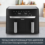 Freidora de aire Tefal Dual Easy Fry 8,3 L – Airfryer con 2 compartimentos y cajón XL, 7 programas, 2700 W, tecnología Extra-Crisp, cocción baja en grasa y ahorro de energía, apta para lavavajillas EY9018