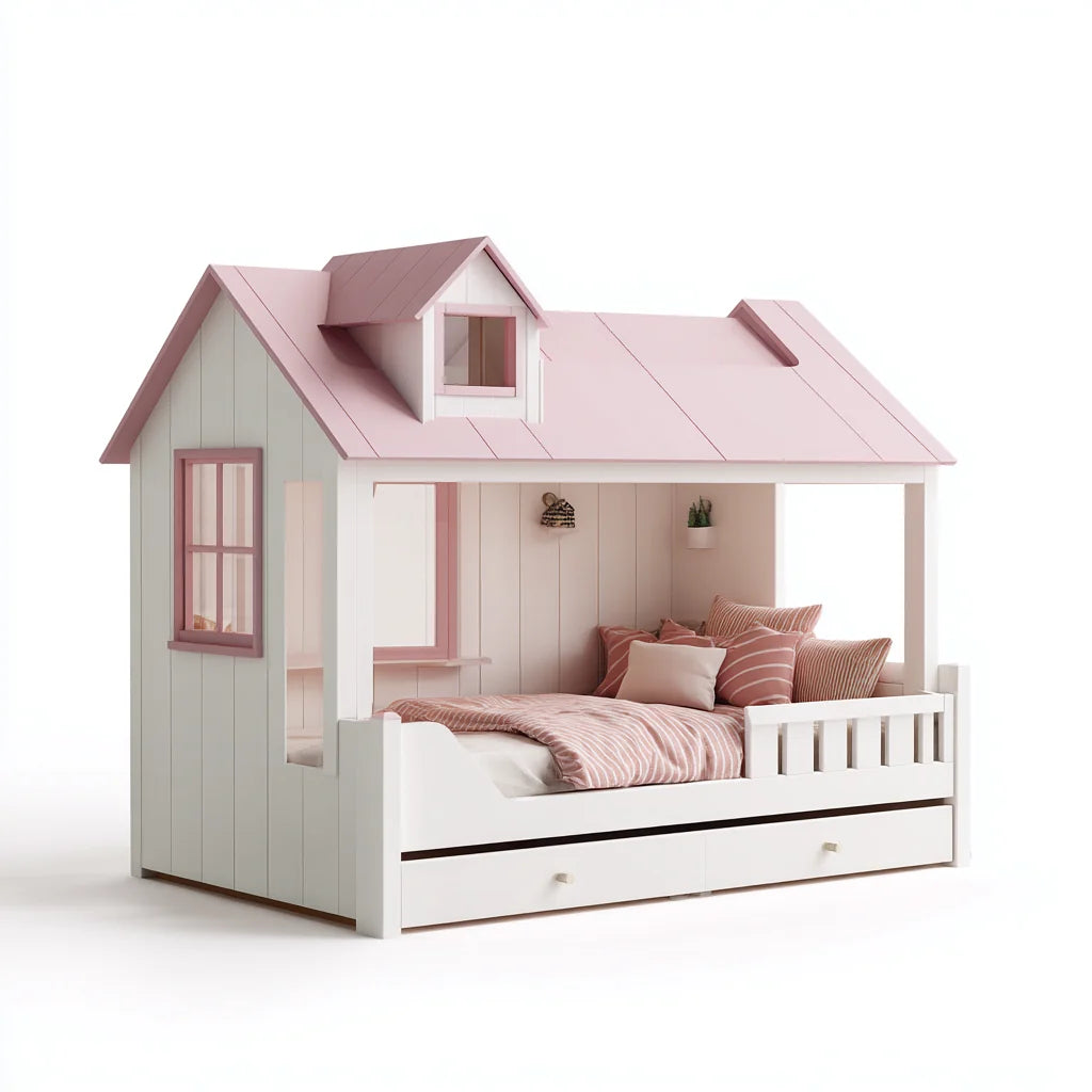 Cama infantil de madera 200x110x160 cm - blanco-rosa - estilo casita