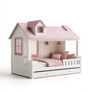 Cama infantil de madera 200x110x160 cm - blanco-rosa - estilo casita