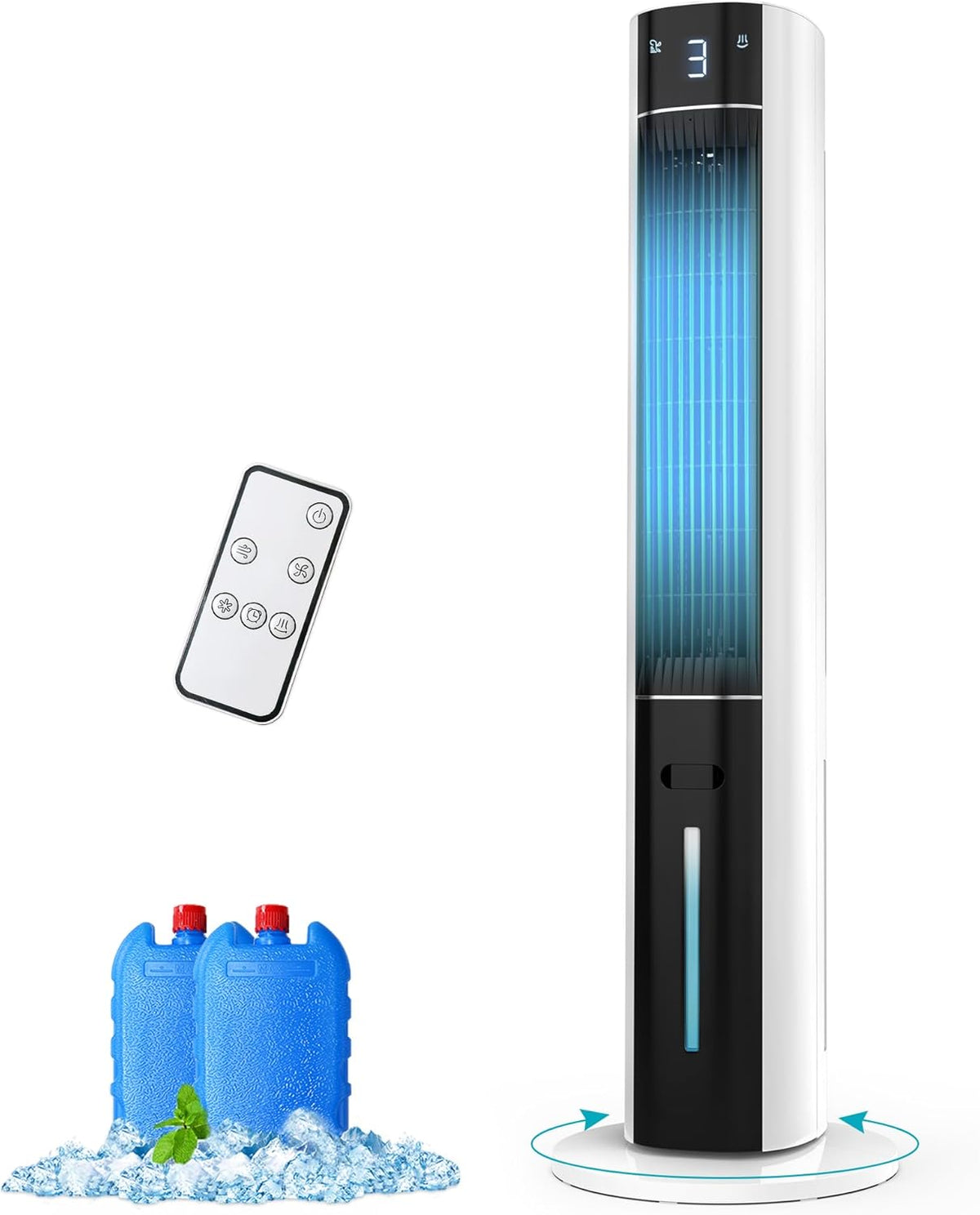 Enfriador de aire por evaporación: enfriador de pantano 3 en 1 con tanque de agua de 3 L, 3 modos y 3 velocidades, control remoto, temporizador de 12 horas, ventilador de torre de enfriamiento portátil sin aspas con oscilación de 50° para habitaciones