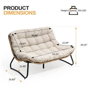 Sofá biplaza doble Papasan con cojín, ratán PE para todo tipo de clima y estructura metálica para interior/exterior