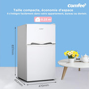 COMFEE' RCT87WH2(E) Frigorífico Congelador Bajo Encimera, Mini Frigorífico con Congelador 87L con Iluminación, Estantes Extraíbles, Termostatos Ajustables, Puertas Reversibles, Blanco [Clase Energética E]