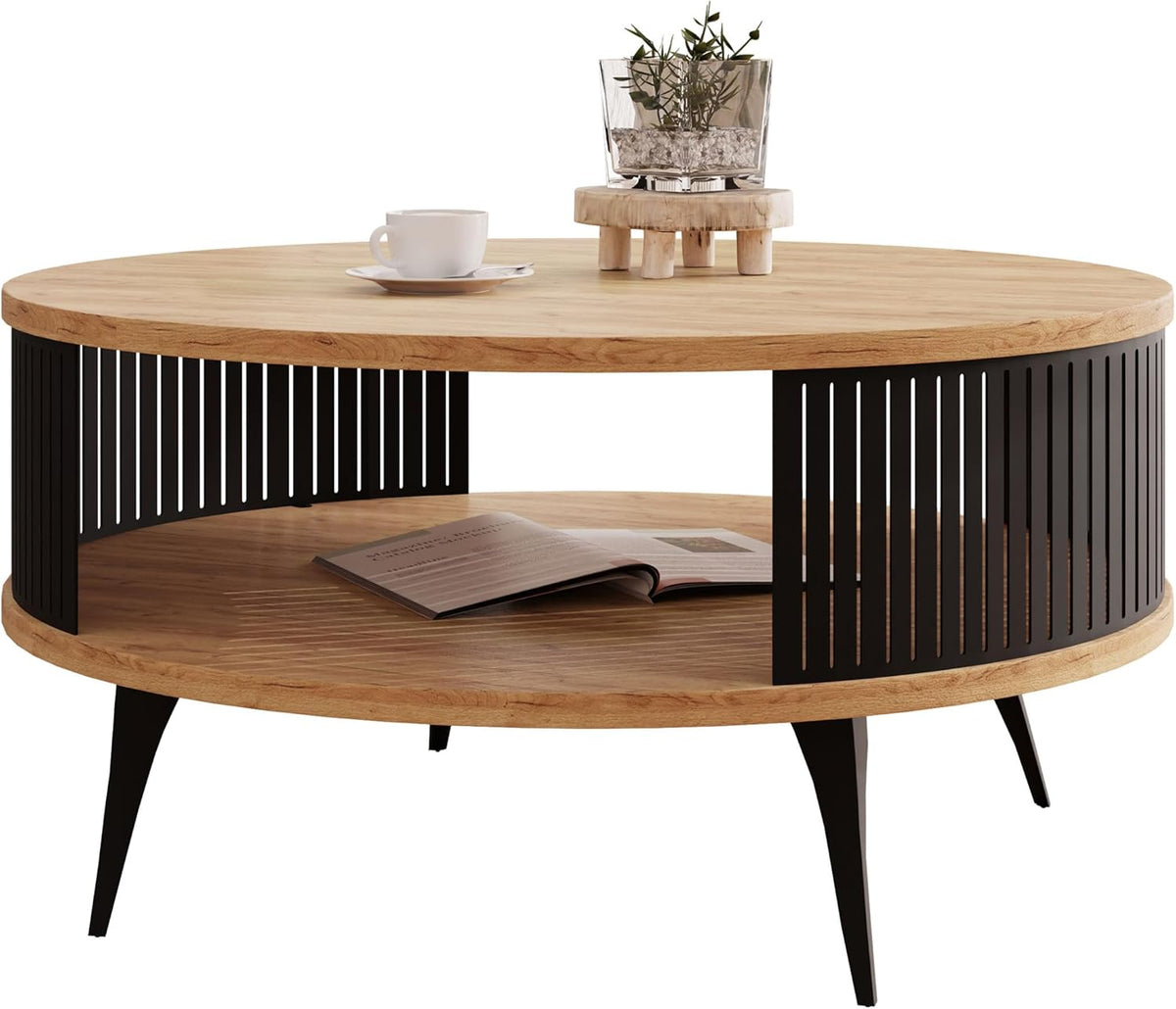 Mesa de centro Mirjan24 con estante Rajkon, forma redonda, patas de metal, mesa de café, mesas de salón, mesa auxiliar, mesa de sofá, mesa de té (roble Craft dorado, negro)