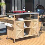 Isla de cocina para exteriores con cubierta de acero inoxidable, carrito de cocina de madera con puertas, estantes y especiero, isla de cocina con ruedas