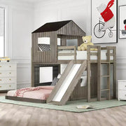 Litera doble sobre matrimonial de madera Luxystar con casita de juegos, tobogán y barandillas