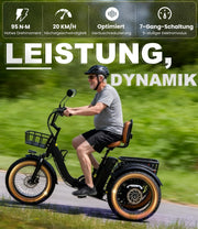 Triciclo eléctrico para adultos KAKIGO, neumáticos anchos de 20"x4", bicicleta eléctrica plegable de aluminio, motor de 250W, 95 Nm, batería de 48V 15.6Ah, 20 km/h, cesta delantera y trasera, diferencial, 90 km de autonomía