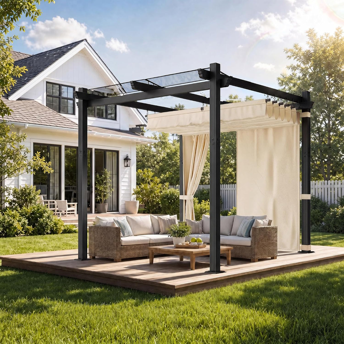 Pérgola de aluminio JUMMICO 3x3m, impermeable, estable y resistente al invierno, cenador de jardín con techo corredero y pared lateral, protección solar para jardín, terraza y balcón, protege del sol y la lluvia, duradera, beige