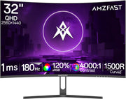 Monitor Gaming Curvo Amzfast de 32 pulgadas, QHD 2560x1440, 180Hz, 1 ms MPRT, 1500R, Adaptive Sync, luz azul reducida, sRGB 120%, HDR, HDMI 2.0/DP 1.2, VESA 75x75, AMZG32C3Q