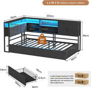 Cama tapizada, sofá cama de 90x200 con iluminación LED, estación de carga, diván, cama juvenil con 2 cajones y somier de metal, cabecero con espacio de almacenamiento, estantes abiertos, armario, negro