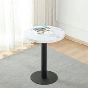 Mesa de comedor Mingone pequeña y redonda de 60 cm, mesa de cocina con tablero de mármol y pata metálica para salón, balcón y comedor, blanca
