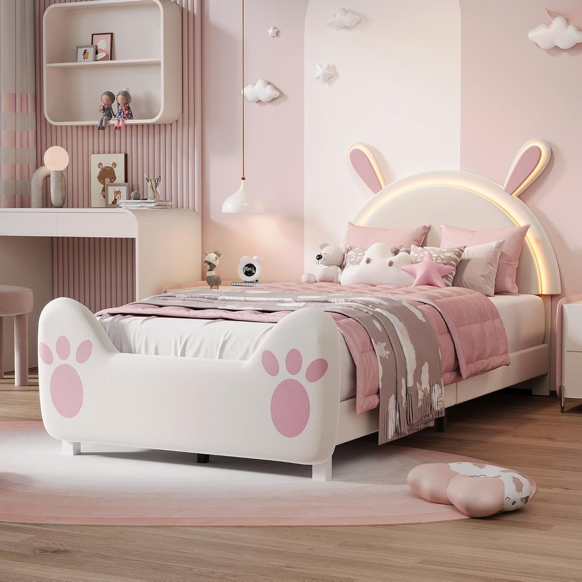 Cama tapizada infantil 90x200 con iluminación LED, estructura de cama individual con somier, cama de princesa para niña con cabecero en forma de conejo para dormitorio, tela de terciopelo, blanco (Blanco-C, 90x200 cm)