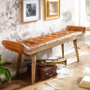 FineBuy Banco de cuero auténtico/madera maciza, color marrón, 125x50x38 cm, diseño Chesterfield, banco tapizado para recibidor, banco de cuero para pie de cama, para 2 personas, banco de recibidor moderno